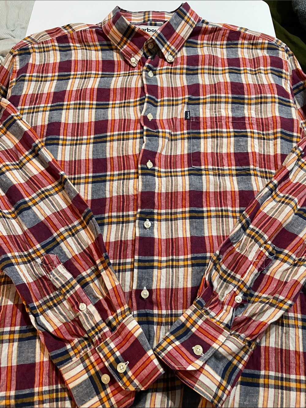 Barbour Men's Red, Navy & Cream Plaid Button-Down Shirt linen